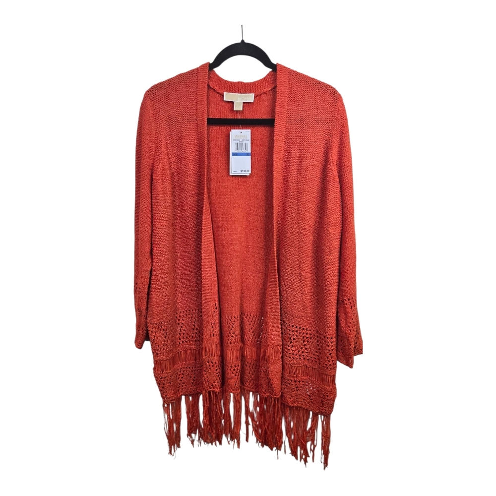 Orange Fringe Open-Front Sweater